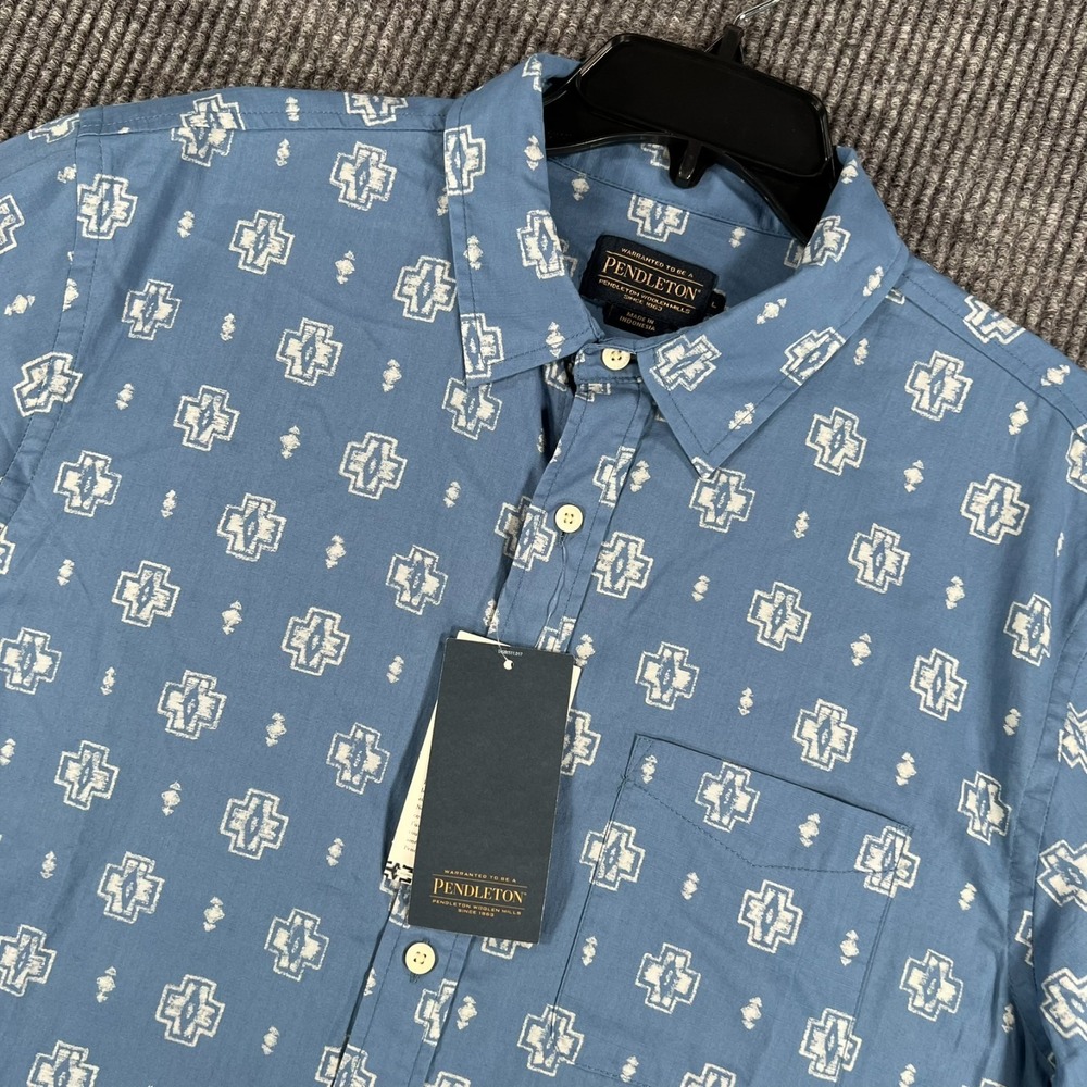 Pendleton Shirt Mens Large Blue Geometric Short Sleeve Button Comfort New